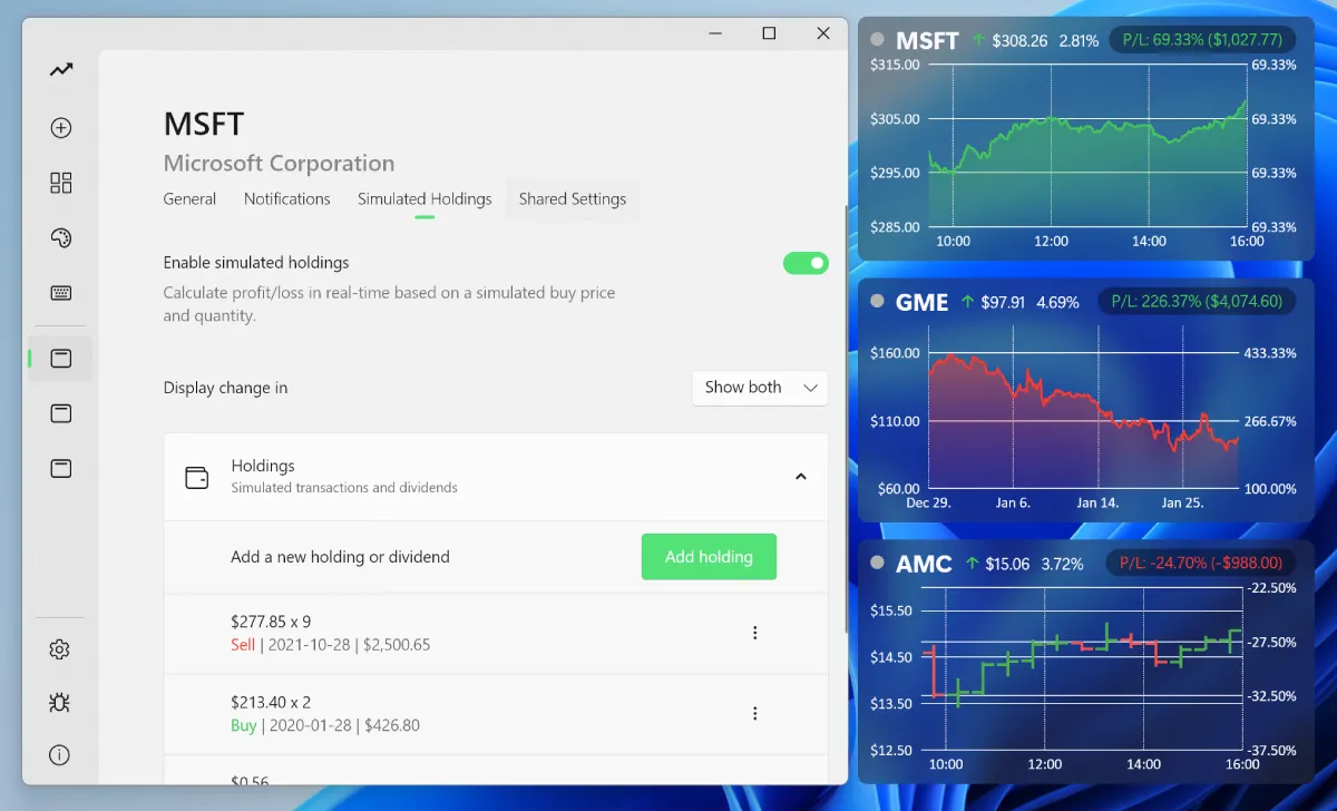 Simulated holdings tab in the settings interface. Buy and sell positions for MSFT. An illustration of the new simulated holdings page.