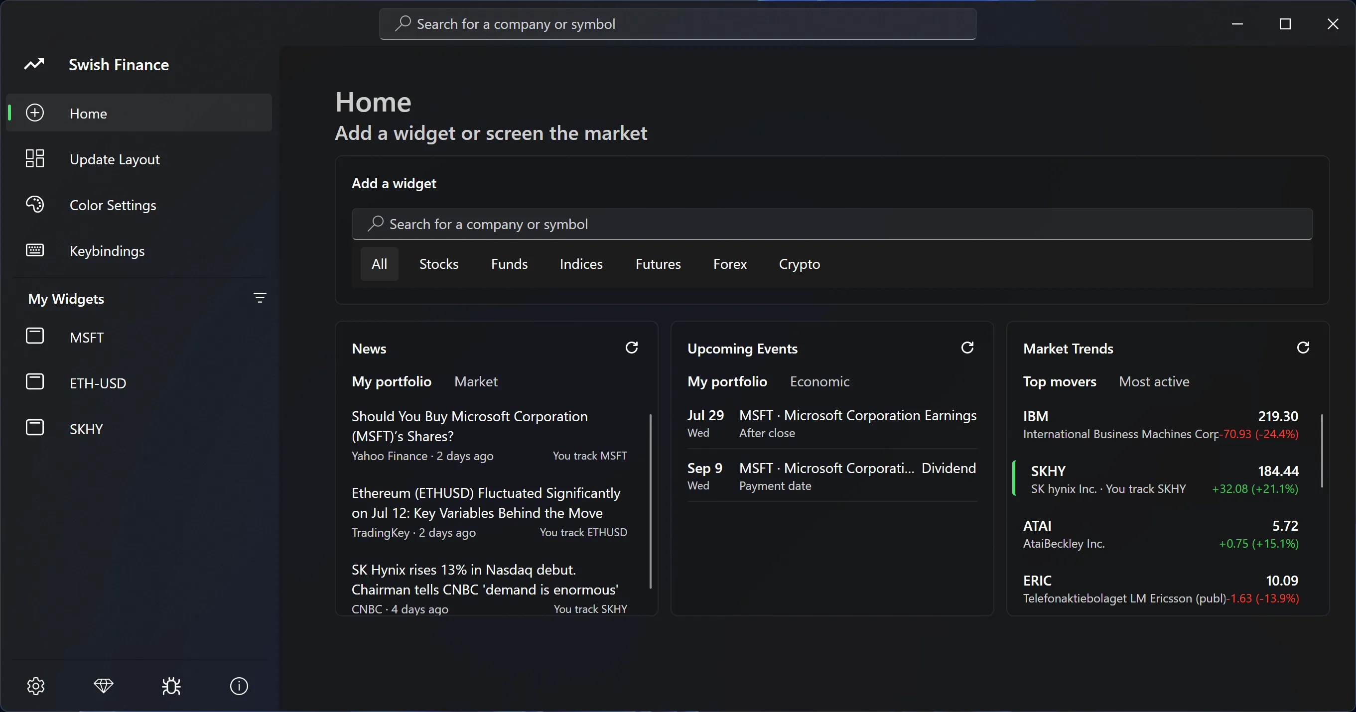 The new Swish Finance home page in version 13. Swish Finance home page showing market news, trending tickers, and upcoming market events.